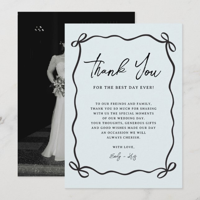 Tarjeta De Agradecimiento Coquette Bow Blue Wedding Photo (Anverso / Reverso)