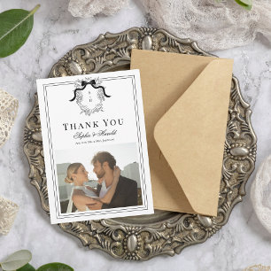 Tarjeta De Agradecimiento Coquette Bow Escudo Monograma Boda de cosecha fran