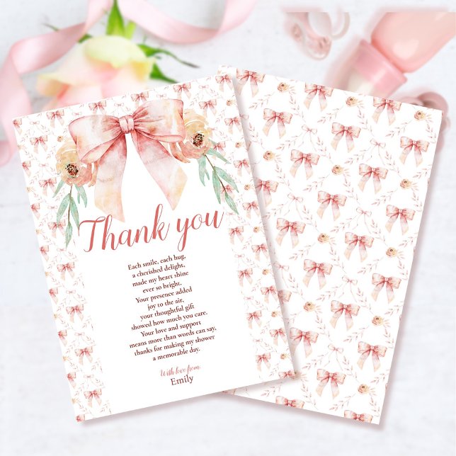 Tarjeta De Agradecimiento Coquette Bow y Florals Baby Shower (Subido por el creador)
