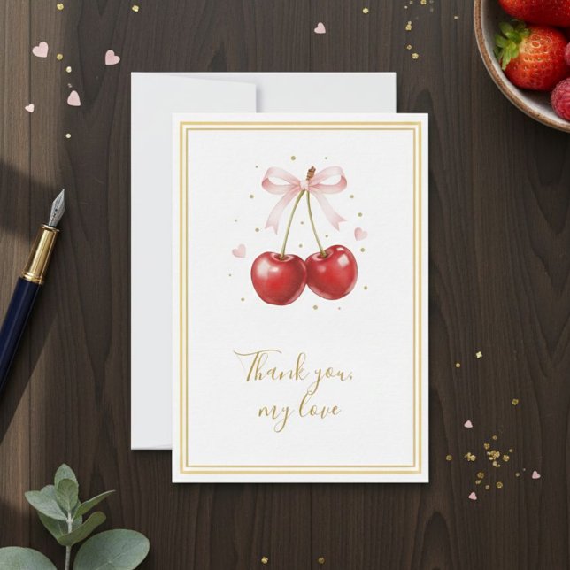 Tarjeta De Agradecimiento Coquette Cherry Thank You Card Pink Bow Gold (Subido por el creador)