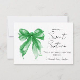 Tarjeta De Agradecimiento Coquette de lazo verde Script Sweet 16 Gracias