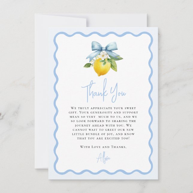 Tarjeta De Agradecimiento Coquette Lemon Mediterranean Wavy Baby Shower (Anverso)