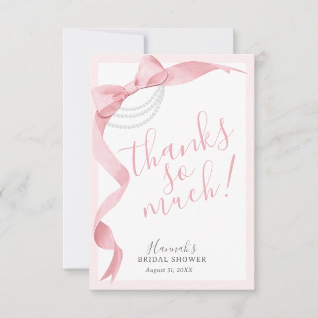Tarjeta De Agradecimiento Coquette Pink Bow & Pearls Bridal Shower Simple (Anverso)