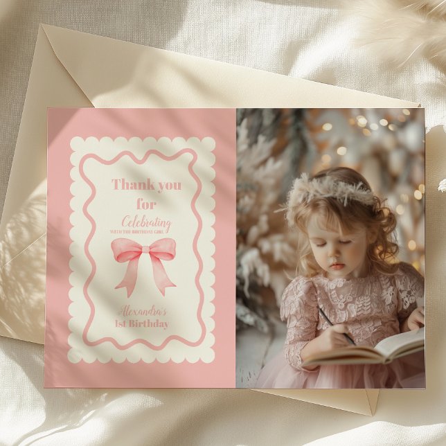 Tarjeta De Agradecimiento Coquette Pink Watercolor Bow Primer Cumpleaños (Subido por el creador)