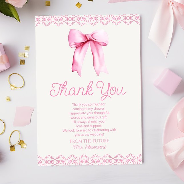 Tarjeta De Agradecimiento Coquette rosa Bow Bridal Shower (Subido por el creador)