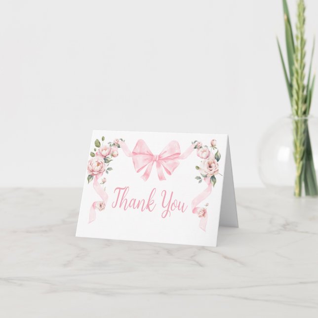 Tarjeta De Agradecimiento Coquette rosa Bow Floral Baby Shower (Anverso)