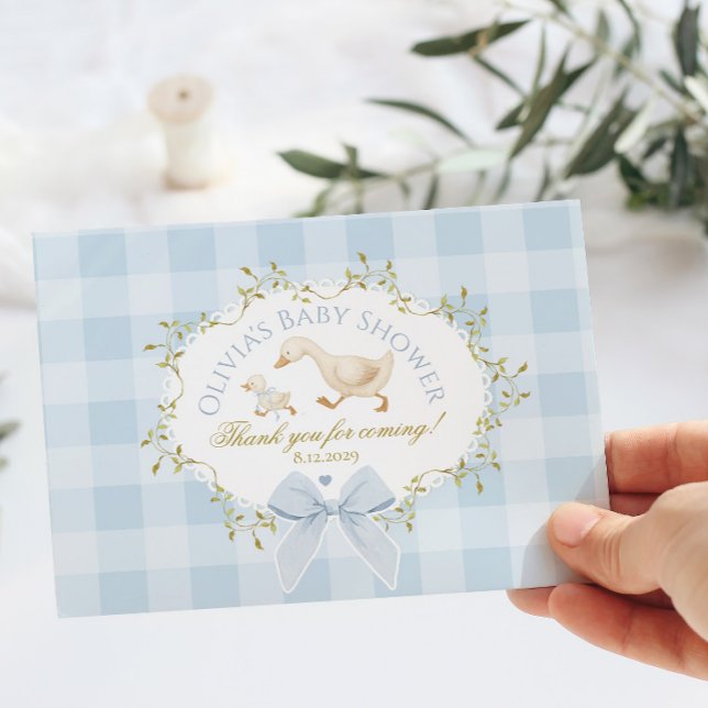 Tarjeta De Agradecimiento Coquette Silly Goose Blue Gingham Baby Shower (Subido por el creador)