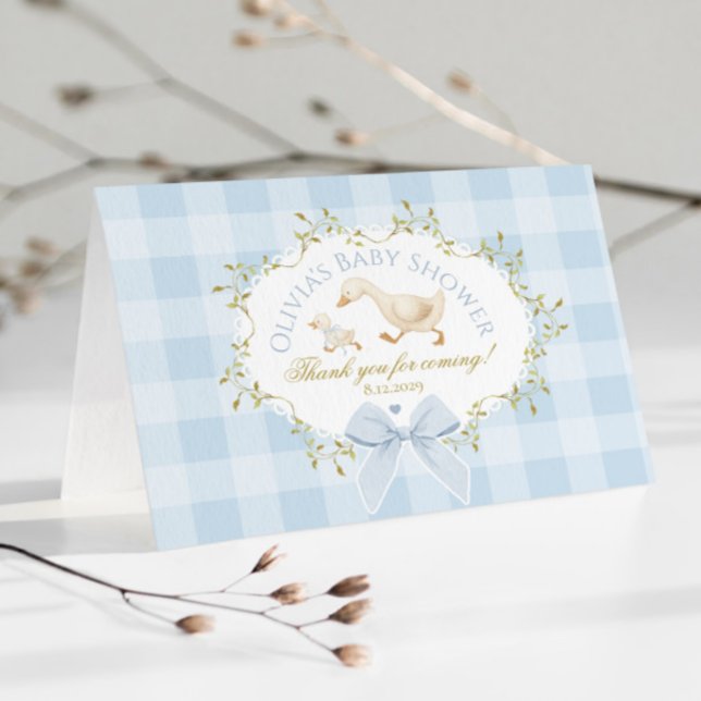 Tarjeta De Agradecimiento Coquette Silly Goose Blue Gingham Baby Shower (Subido por el creador)