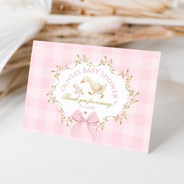 Tarjeta De Agradecimiento Coquette Silly Goose Pink Gingham Baby Shower (Subido por el creador)