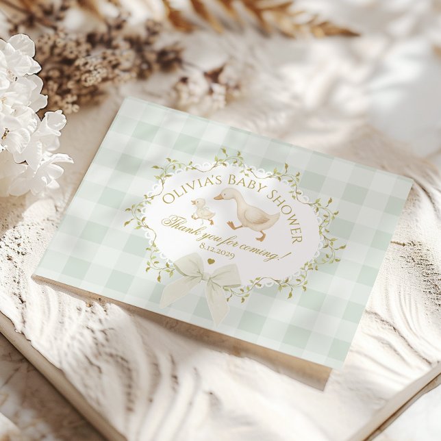 Tarjeta De Agradecimiento Coquette Silly Goose Sage Gingham Baby Shower (Subido por el creador)