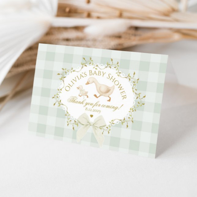 Tarjeta De Agradecimiento Coquette Silly Goose Sage Gingham Baby Shower (Subido por el creador)