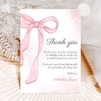 Tarjeta De Agradecimiento Coquette Watercolor Pink Cute Bow Cumpleaños