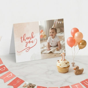 Tarjeta De Agradecimiento Coral Acuarela Niña Ganso Tonto Primer Cumpleaños