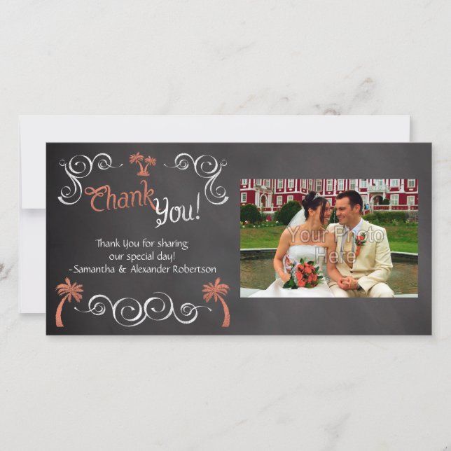 Tarjeta De Agradecimiento Coral Chalkboard Script Beach Wedding Gracias (Anverso)