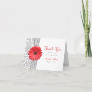 Tarjeta De Agradecimiento Coral Gerbera Daisy Gray Damask Wedding Gracias