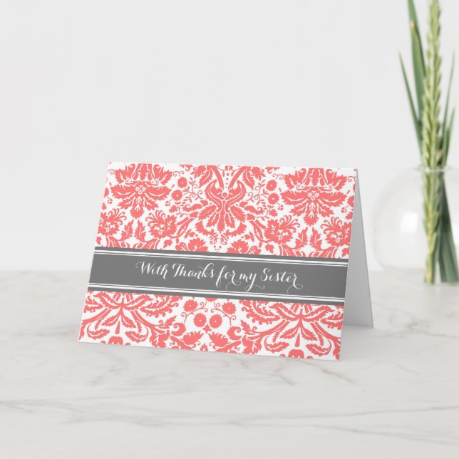 Tarjeta De Agradecimiento Coral Gray Damask Gracias Hermana Bridesmaid (Anverso)