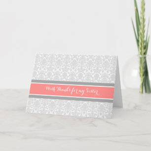 Tarjeta De Agradecimiento Coral Gris Damask Gracias Dama de Honor Hermana