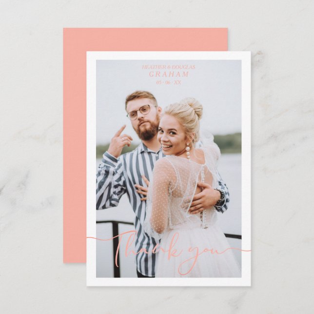 Tarjeta De Agradecimiento Coral Personalized Photo Wedding Whimsical Script (Anverso / Reverso)