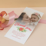 Tarjeta De Agradecimiento Coral Red Spring Bouquet Baptism Thank You Photo<br><div class="desc">Baptism photo card personalized with a photo of you beautiful baby. Thank you written in a gorgeous coral brush script above a rose bouquet in warm colors and a personal message to your baptism guests. The edge between wedding photo and text is softened with a white gradient. Add your names...</div>
