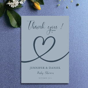 Tarjeta De Agradecimiento Corazón Azul Minimalista Fiesta de Bebé Moderna y 