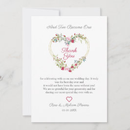 Tarjeta De Agradecimiento Corazón de acuarela floral con hojas en rosa y roj