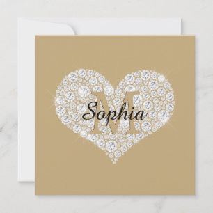 Tarjeta De Agradecimiento Corazón de diamante grande, monograma de oro, nomb