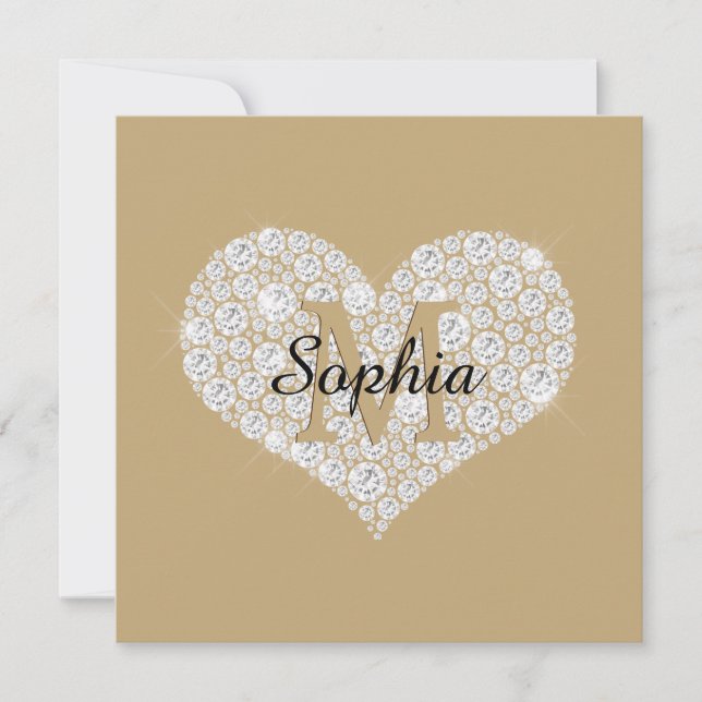 Tarjeta De Agradecimiento Corazón de diamante grande, monograma dorado, nomb (Anverso)