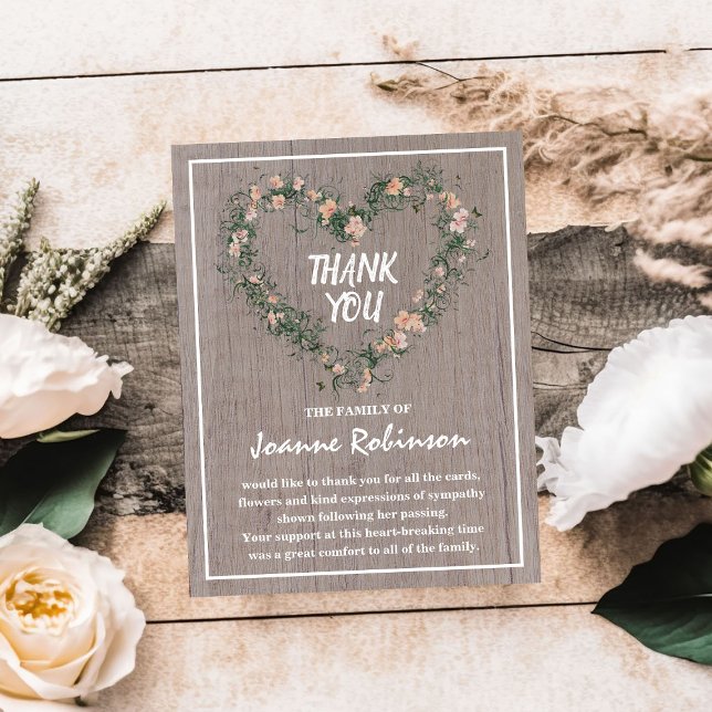 Tarjeta De Agradecimiento Corazón de flores rusticas | Funeral (Subido por el creador)