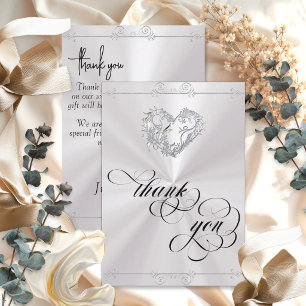 Tarjeta De Agradecimiento Corazón de plata y caligrafía en blanco