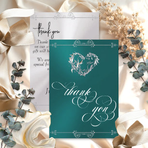 Tarjeta De Agradecimiento Corazón de plata y caligrafía sobre azul turquesa/