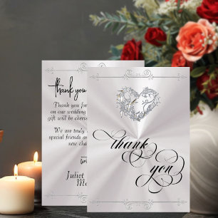 Tarjeta De Agradecimiento Corazón de Plata y Caligrafía sobre Blanco
