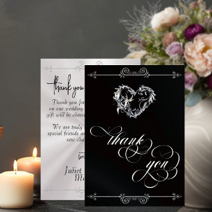 Tarjeta De Agradecimiento Corazón de Plata y Caligrafía sobre Blanco/Negro