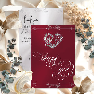 Tarjeta De Agradecimiento Corazón de plata y caligrafía sobre burgundy/blanc