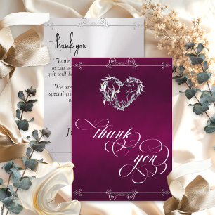 Tarjeta De Agradecimiento Corazón de plata y caligrafía sobre ciruela/blanco