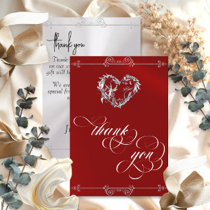 Tarjeta De Agradecimiento Corazón de plata y caligrafía sobre rojo/blanco