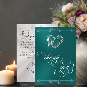 Tarjeta De Agradecimiento Corazón de Plata y Caligrafía sobre Turquesa/Blanc