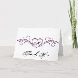 Tarjeta De Agradecimiento Corazón de plata y púrpura con monograma en pergam