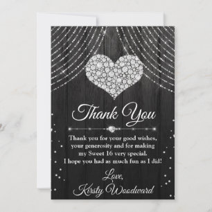 Tarjeta De Agradecimiento Corazón dulce de diamantes y plata para Sweet 16