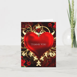Tarjeta De Agradecimiento Corazón Floral Ornamental Negro Rojo & Dorado Grac