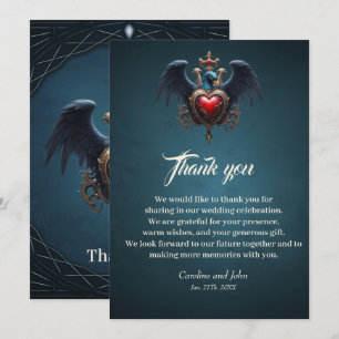 Tarjeta De Agradecimiento Corazón gótico elegante con ave de fantasía.
