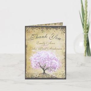 Tarjeta De Agradecimiento Corazón Hoja Lila Árbol Vintage Pájaro Boda