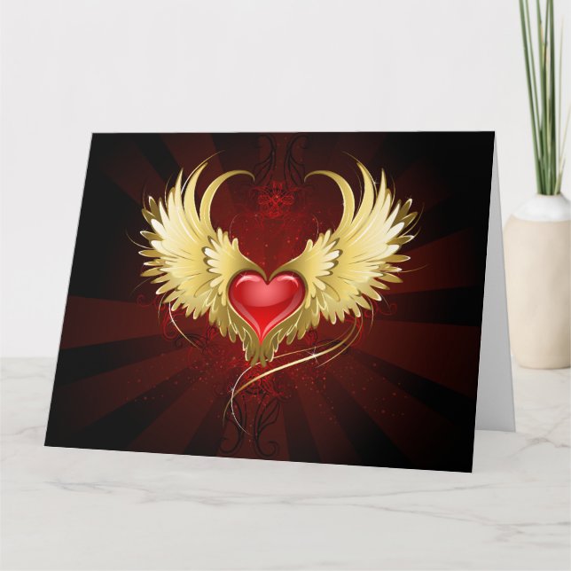 Tarjeta De Agradecimiento Corazón Rojo con Alas Doradas (Anverso)