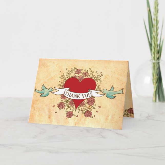 Tarjeta De Agradecimiento Corazón, rosas, pájaros, y boda bohemios de la (Anverso)