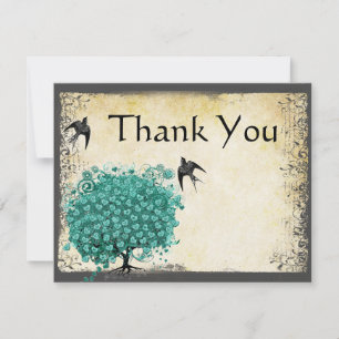 Tarjeta De Agradecimiento Corazón Verde Hoja Árbol Amor Pájaro Medieval 