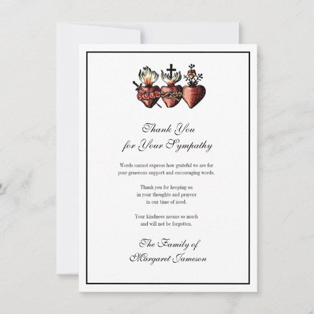 Tarjeta De Agradecimiento Corazones Católicos Jesús María José Funeral (Anverso)