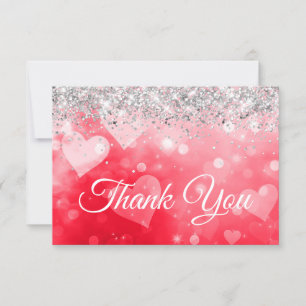 Tarjeta De Agradecimiento Corazones con gradiente de rosa rojo y brillo plat