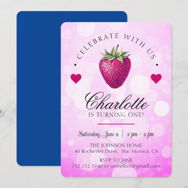 Tarjeta De Agradecimiento Corazones de fresa Chica de cumpleaños rosado (Anverso / Reverso)