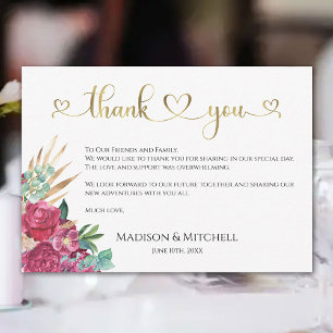 Tarjeta De Agradecimiento Corazones de guion dorado elegantes con flor de ma