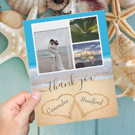 Tarjeta De Agradecimiento Corazones de playa tropical azul en Boda de arena