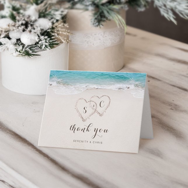 Tarjeta De Agradecimiento Corazones en la playa destino de arena boda (Hearts in the sand destination beach wedding thank you card)